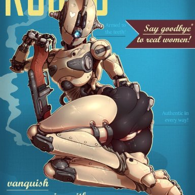 fallout, assaultron, rube, 1girls, ass, athletic female, pussy, robot, robot girl, solo, solo female, squish, sweat, english text, magazine cover