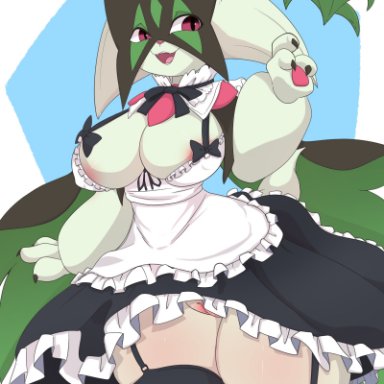 nintendo, pokemon, meowscarada, pokemon (species), sarox, anthro, breasts, clothing, female, genitals, green body, legwear, looking at viewer, maid uniform, open mouth