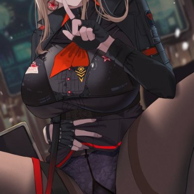 goddess of victory: nikke, emma (nikke), gaitoou, 1girls, ascot, black shirt, blonde hair, blurry background, clothed, clothes lift, earrings, eyebrows visible through hair, fingerless gloves, gloves, green eyes