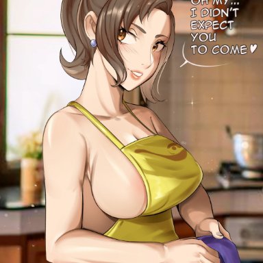 game freak, pokemon, pokemon sv, mother (pokemon sv), deliciousbra, 1girls, apron, apron only, big breasts, blush, breasts, brown eyes, brown hair, earrings, female