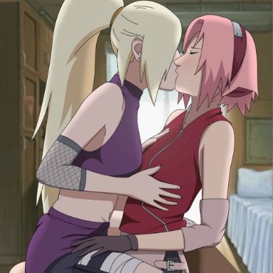 naruto, naruto (series), naruto shippuden, ino yamanaka, sakura haruno, optimystic, 2girls, bedroom, blonde hair, blush, closed eyes, elbow pads, female, female/female, female only