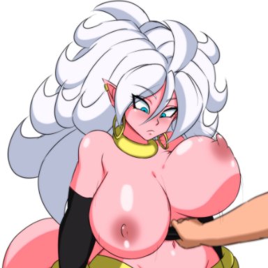 dragon ball, dragon ball fighterz, android 21, android 21 (good), majin android 21, darwaarts, assisted exposure, big breasts, blue eyes, bouncing breasts, breasts, breasts in motion, breasts out, choker, clothes pull