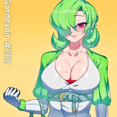 nintendo, pokemon, gardevoir, gardevoir (cosplay), drunkoak, beauty mark, blush, cleavage, dress, female, female focus, female only, green hair, human, large breasts