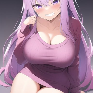 hololive, nekomata okayu, nai diffusion, stable diffusion, breasts, grin, long hair, pointy chin, purple hair, sweater, ai generated