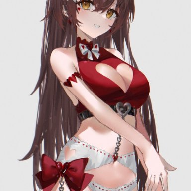 genshin impact, amber (genshin impact), raiya atelier, 1girls, armlet, bow in hair, breasts, brown hair, chains, cleavage cutout, crop top, face paint, garter belt, garter straps, hairband