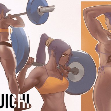 bleach, shihouin yoruichi, zukululuu, 1girls, adjusting hair, armpit crease, arms behind head, arms up, ass, back, back tattoo, barbell, bare shoulders, bikini, black shorts