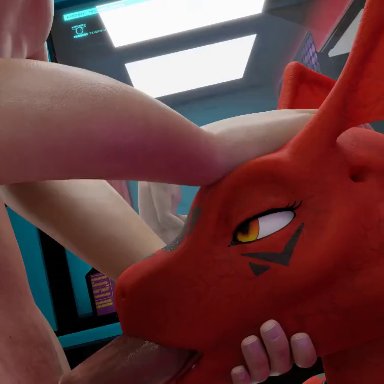 bandai namco, digimon, digimon (species), guilmon, wigfritter, anthro, anthro penetrated, athletic female, balls, bedroom eyes, blowjob, closed eyes, collar, darkened balls, darkened genitalia