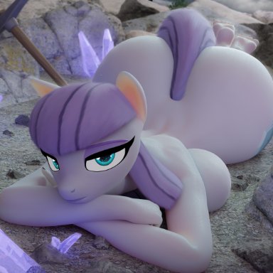 friendship is magic, my little pony, maud pie, hooves-art, anthro, barefeet, barefoot, big butt, casual nudity, looking at viewer, lying down, lying on ground, nudity, sideboob, solo