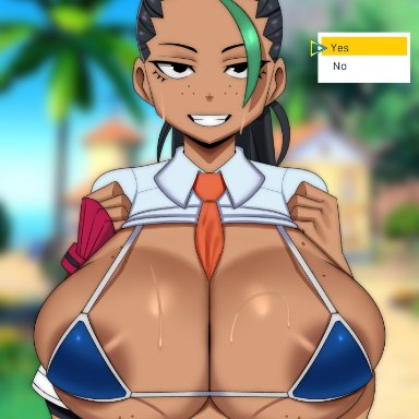 nintendo, pokemon, nemona (pokemon), coldarsenal, 1girls, areola slip, big breasts, bikini, black hair, busty, cleavage, clothes lift, dark-skinned female, grin, huge breasts