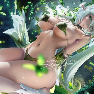 genshin impact, nahida (genshin impact), sakimichan, 1girls, aged up, alternate breast size, bikini, breasts, female, green eyes, green hair, hips, huge breasts, large breasts, light-skinned female