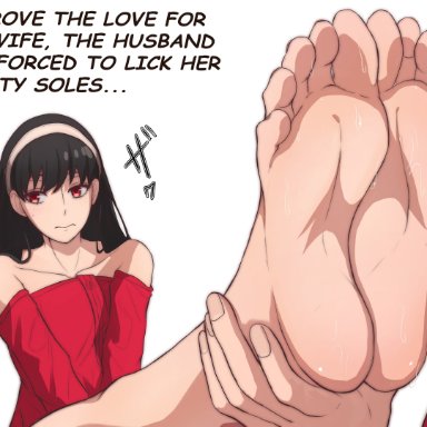 spy x family, loid forger, yor briar, shoarts, 1boy1girl, black hair, blonde hair, feet, feet licking, female, fingers, foot fetish, foot focus, foot grab, foot lick