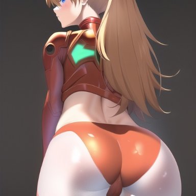 neon genesis evangelion, asuka langley sohryu, nai diffusion, stable diffusion, ass, ass focus, blue eyes, bodysuit, female, from behind, ginger, ginger hair, looking back, shiny clothes, skin tight