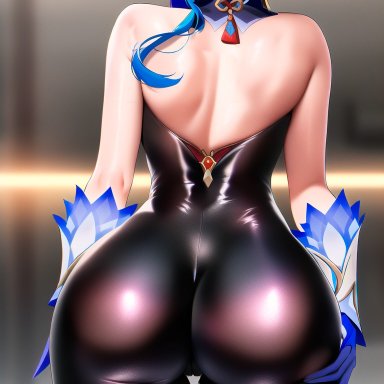 genshin impact, ganyu (genshin impact), alterism, nai diffusion, stable diffusion, 1girls, ass, ass focus, ass grab, ass support, bare shoulders, blue hair, blush, bodysuit, female