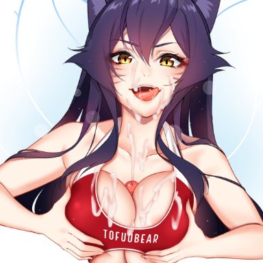 league of legends, riot games, ahri, vastaya, tofuubear, 9 tails, animal ear fluff, animal ears, animal girl, big breasts, black hair, bodily fluids, boobjob, breast squeeze, breasts