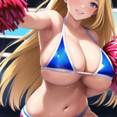 original, nai diffusion, stable diffusion, 1girls, blonde hair, cheerleader, curvaceous, curvy female, curvy figure, female, female only, long hair, solo, voluptuous female, ai generated