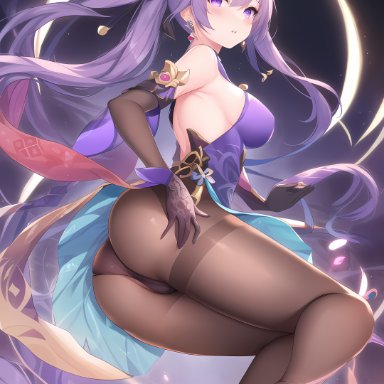 genshin impact, keqing (genshin impact), nai diffusion, stable diffusion, alternate costume, ass, bare shoulders, blush, breasts, cameltoe, china dress, chinese clothes, detached sleeves, double bun, elbow gloves