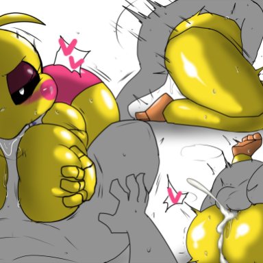 five nights at freddy's, five nights at freddy's 2, scottgames, toy chica (fnaf), enigi09, ambiguous penetration, animatronic, anthro, avian, balls, biped, blush, bodily fluids, breast play, breast squeeze