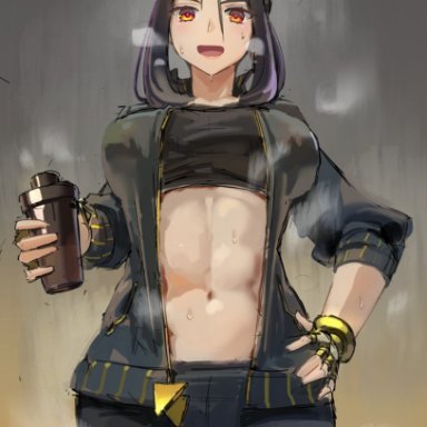 game freak, nintendo, pokemon, pokemon sv, dendra (pokemon), kazo, 1girls, abs, black hair, breasts, female, fit, fit female, hand on hip, large breasts