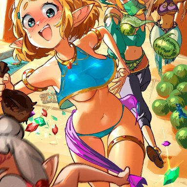 nintendo, tears of the kingdom, the legend of zelda, ganondorf, gerudo, gerudo link, hylian, link, paya (the legend of zelda), princess zelda, zelda (breath of the wild), snegovski, 3boys, 6girls, blonde hair