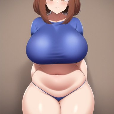 my hero academia, ochako uraraka, nai diffusion, stable diffusion, blue shirt, blush, brown eyes, brown hair, female, large breasts, panties, shirt, thick thighs, wide hips, ai generated