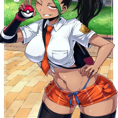 game freak, nintendo, pokemon, pokemon sv, nemona (pokemon), suzusiigasuki, 1girls, black hair, breasts, brown skin, female, hand on hip, holding object, human, human only