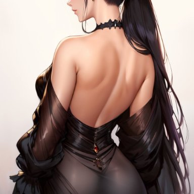 original, nai diffusion, stable diffusion, 1girls, big ass, big breasts, black dress, black hair, female, female only, looking at viewer, looking back, solo, ai generated, high resolution