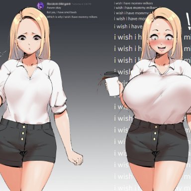 original, lulu-chan92, 1girls, blonde hair, blush, bouncing breasts, breast expansion, breasts, coffee cup, female, female only, glasses, large breasts, mommy milkers, shorts