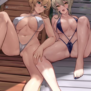 fate/grand order, fate (series), artoria pendragon, artoria pendragon (lancer), artoria pendragon (lancer alter), queasy s, 2girls, ahoge, blonde hair, breasts, female, female only, green eyes, huge breasts, light-skinned female