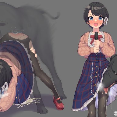 hololive, oozora subaru, yoshiwa tomo, :d, all fours, ass, black hair, blue eyes, blush, canine, cardigan, cum, cum on floor, doggy style, female