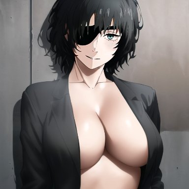 chainsaw man, shounen jump, himeno (chainsaw man), 92 brks, 1girls, big breasts, cleavage, eyepatch, female, female only, light-skinned female, navel, office lady, open clothes, suit jacket