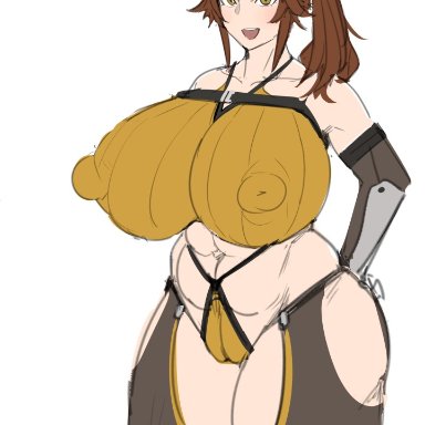 dnf duel, dungeon fighter online, fighter (dungeon and fighter), striker (dungeon and fighter), kunaboto, big ass, big breasts, big butt, big nipples, blush, breasts, breasts bigger than head, brown hair, clothed female, clothing