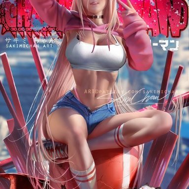 chainsaw man, meowy (chainsaw man), power (chainsaw man), sakimichan, 1girls, alternate breast size, blonde hair, booty shorts, breasts, choker, crop top, demon, demon girl, feline, female