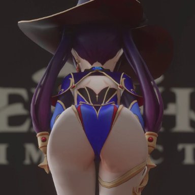 genshin impact, mona (genshin impact), kishi, ass, ass focus, ass on glass, ass press, ass shake, bare legs, female, from behind, hair ornament, huge ass, jiggle, leotard