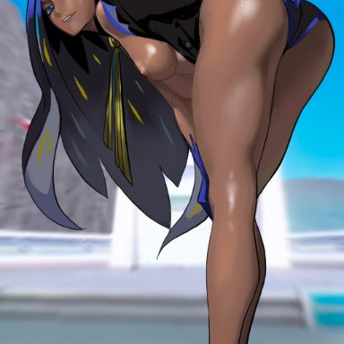 nintendo, pokemon, pokemon sv, geeta (pokemon), pokemon champion, sicorange, 1girls, breasts out, dark-skinned female, dark skin, female, female only, human, human only, medium breasts