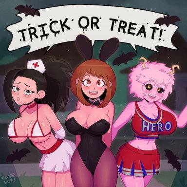 halloween, my hero academia, mina ashido, momo yaoyorozu, ochako uraraka, vexypop, 3girls, arms behind back, bikini top, black eyes, black hair, black sclera, blush, bowtie, breasts