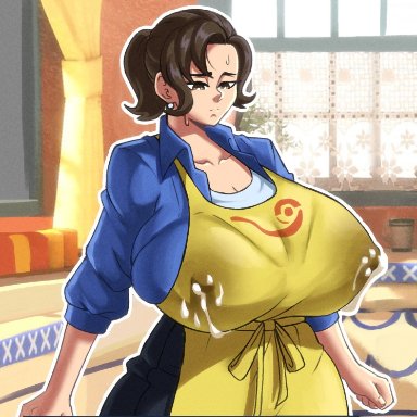 game freak, pokemon, pokemon sv, mother (pokemon sv), vertacularrld, 1girls, apron, big breasts, blue pants, blue shirt, bottomwear, breasts, brown eyes, brown hair, earrings