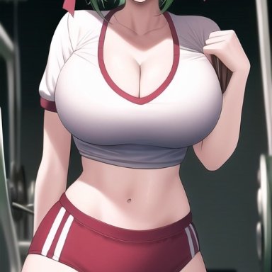 danganronpa, danganronpa ultra despair girls, towa monaca, nai diffusion, stable diffusion, 1girls, aged up, breasts, buruma, cleavage, crop top, facing viewer, female, female only, green eyes