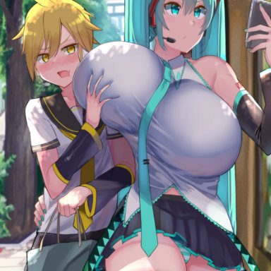 vocaloid, hatsune miku, kagamine len, facominn, 1boy, 1female, 1girls, 1male, alley, alternate breast size, annoyed, aqua eyebrows, aqua eyes, aqua nails, aqua necktie