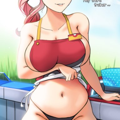 game freak, nintendo, pokemon, pokemon sv, nurse joy, myst, yhw, 1girls, apron, apron lift, apron only, baseball cap, belly, belly button, big breasts