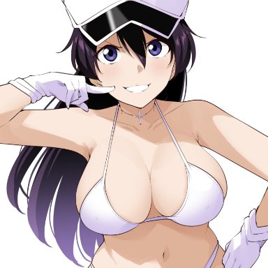 bleach, bambietta basterbine, barkhorn0331, 1girls, bikini, black hair, blue eyes, breasts, cleavage, collarbone, female, gloves, grin, hat, large breasts