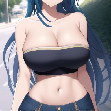 danganronpa, danganronpa: trigger happy havoc, maizono sayaka, nai diffusion, stable diffusion, big breasts, blue hair, hair, hands on thighs, jeans, midriff, smile, strapless, tubetop, ai generated