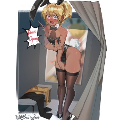 original, original character, sintrybest (artist), 1boy, animal ears, ass, bare shoulders, big ass, black leotard, blonde hair, blush, blush lines, bulge, bunny ears, bunny girl