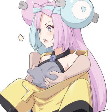 pokemon, pokemon sv, iono (pokemon), shiseki hirame, 1girls, blue hair, blush, breast grab, breast grab from behind, breast squeeze, breasts, female, grope from behind, groping, heart-shaped pupils