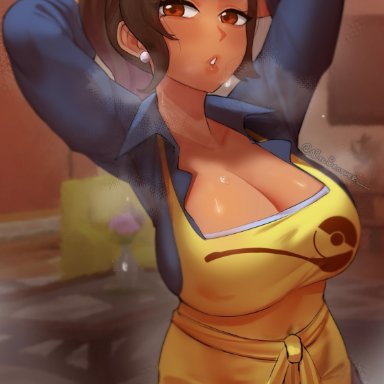 pokemon, pokemon sv, mother (pokemon sv), abigbrother, 1girls, apron, big breasts, blue pants, blue shirt, bottomwear, breasts, brown eyes, brown hair, cleavage, clothing