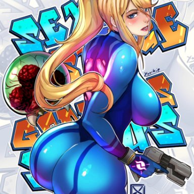 metroid, samus aran, xuuikie, 1girls, ass, big ass, blonde hair, blue eyes, bodysuit, breasts, female, female only, large breasts, looking at viewer, solo