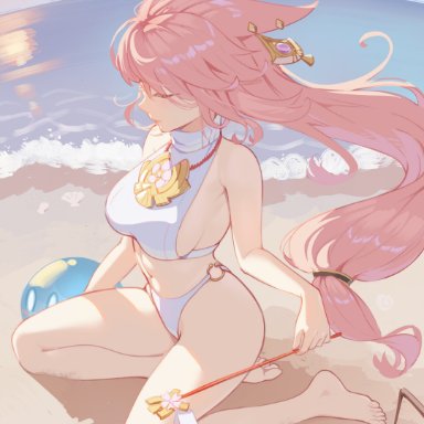 genshin impact, yae miko, cqc no hashi neko, 1girls, barefoot, beach, bikini, feet, fox girl, pink hair, sideboob, water