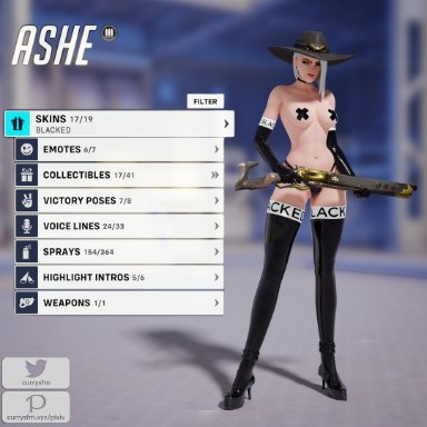 blacked, overwatch, ashe (overwatch), currysfm, 1girls, blacked clothing, female, nude, solo, 3d, english text, text