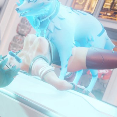 overwatch, overwatch 2, kiriko (overwatch), blueberg, 1girl, bestiality, breasts, gagged, green eyes, green hair, kitsune (overwatch), lying, thighhighs, zoophilia, 3d