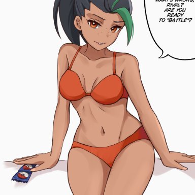 nintendo, pokemon, pokemon sv, nemona (pokemon), selverna, 1girls, bikini, biting lip, collarbone, condom, condom wrapper, freckles, looking at viewer, smile, english text