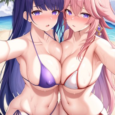 genshin impact, raiden shogun, yae miko, nai diffusion, stable diffusion, beach, bikini, breast squish, cleavage, curvy, large breasts, selfie, symmetrical docking, voluptuous, wet